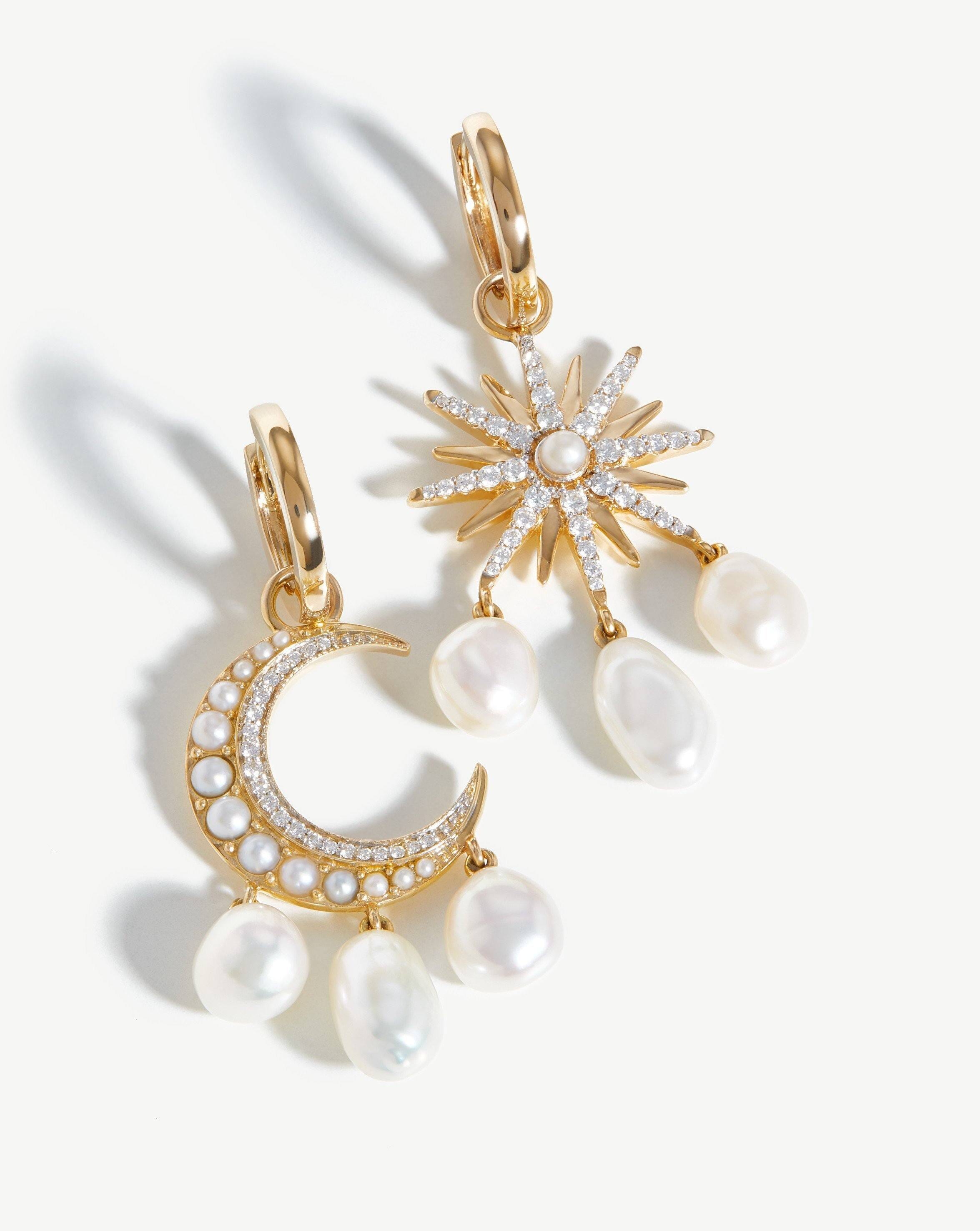 Harris Reed Solid Gold Moon Starlight Earrings | 14ct Solid Gold/Pearl & Diamond